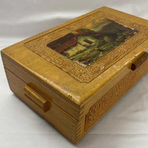 Vintage Wood Footed Jewelry Chocolate Keepsake Trinket Box Carved Mirror Hinged - Picture 2 of 13